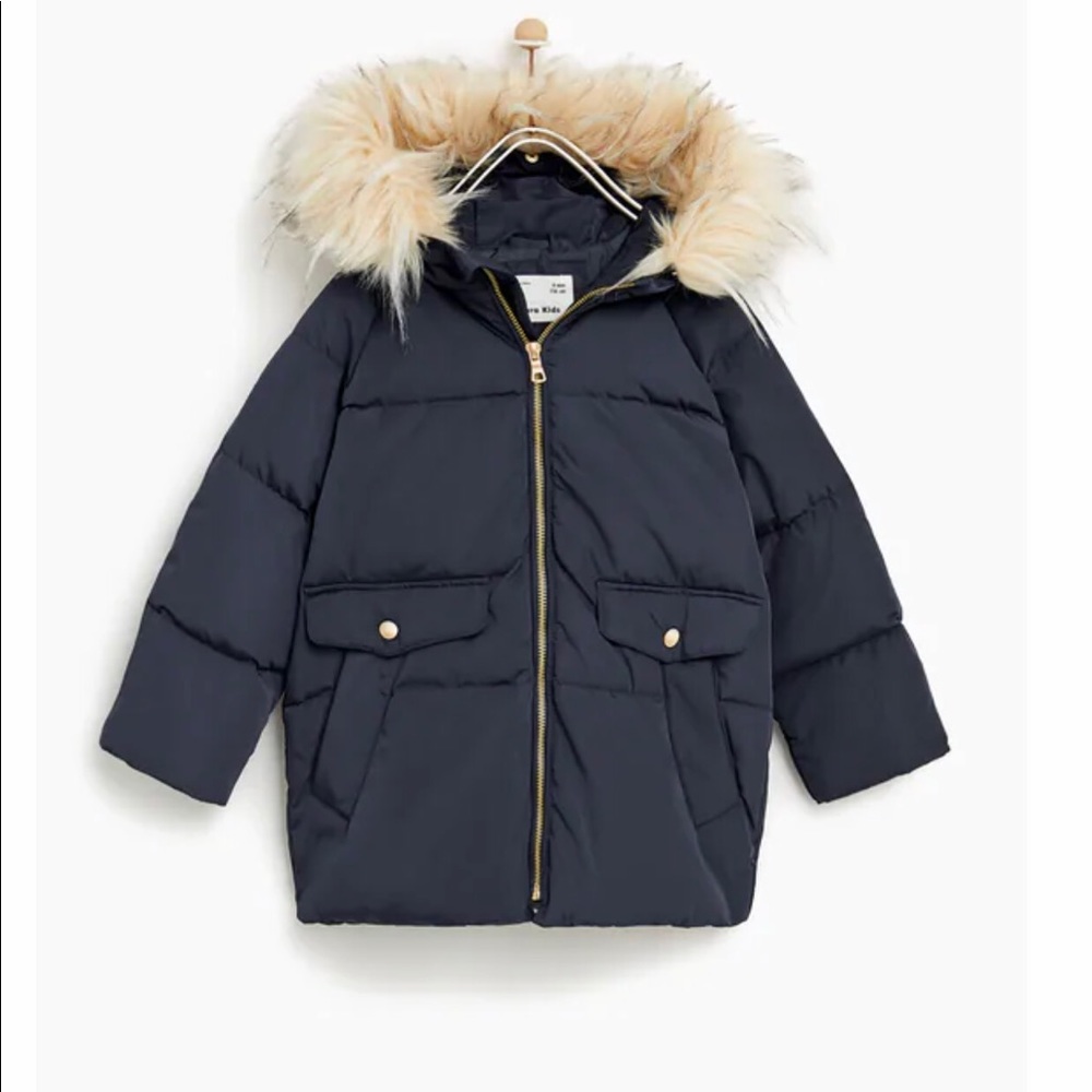 Zara Down Puffer Jacket with detachable Faux Fur-size 13/14